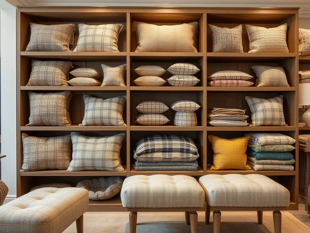 Cozy interior with tweed cushions and wool throws on a sofa