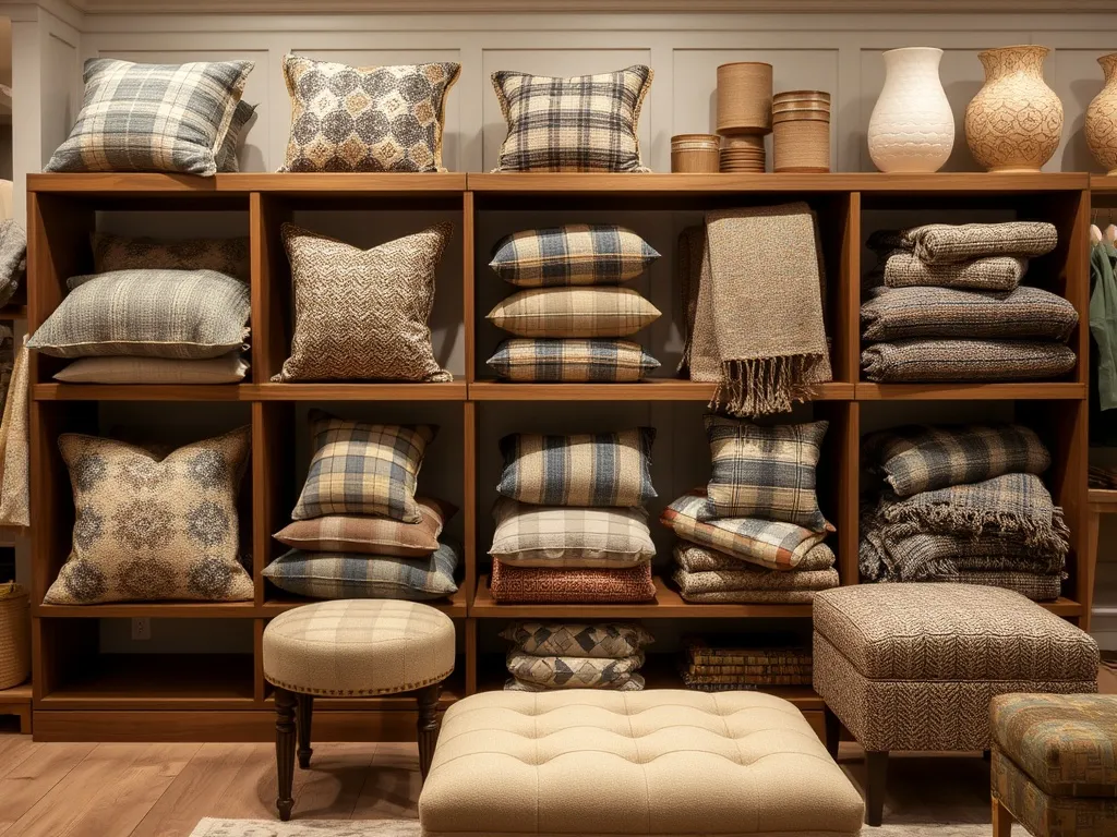 Sofa with layered cushions and wool throw in autumn tones